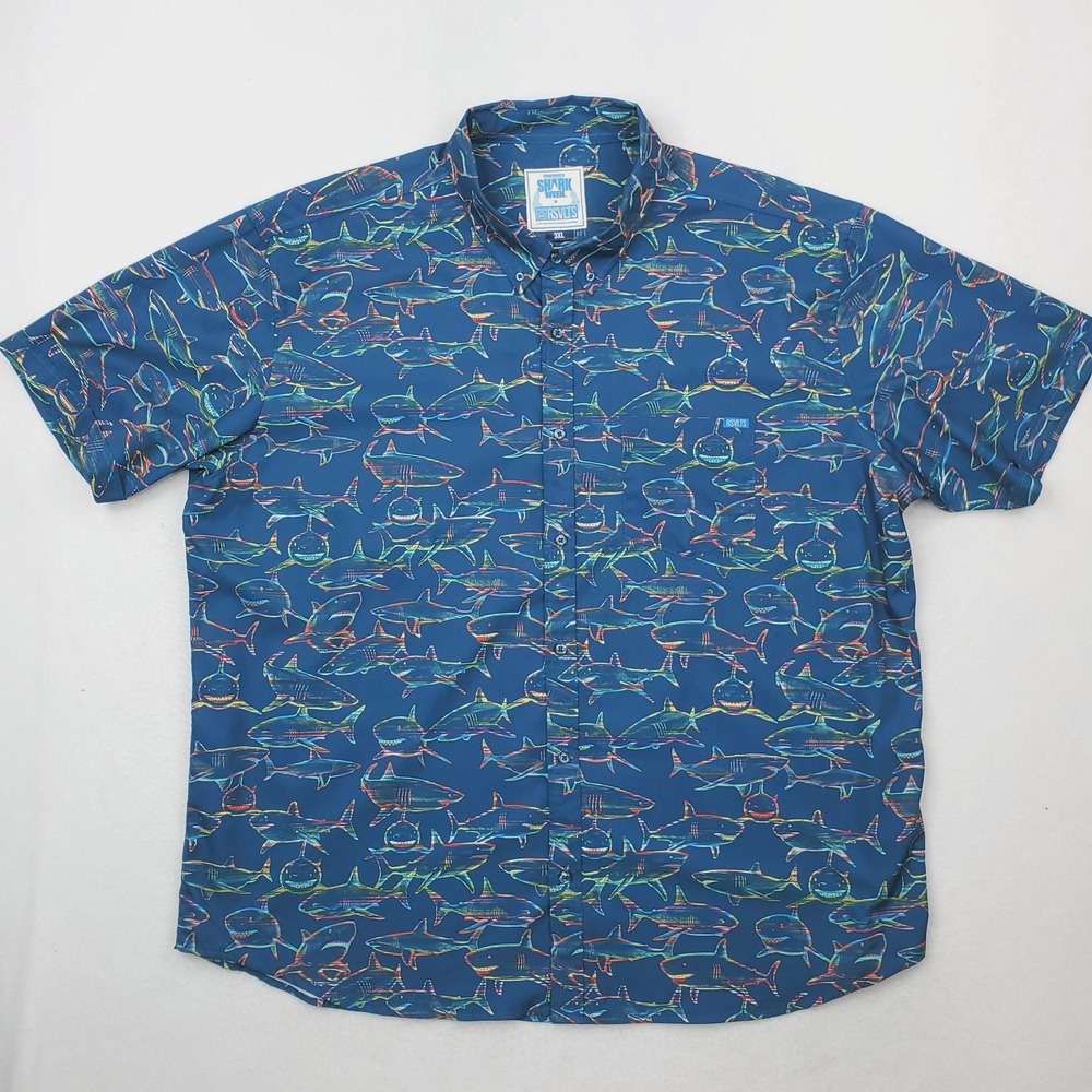RSVLTS Shark Week Shirt Mens 3XL Blue Kunuflex Sharks Allover Short Sleeve
